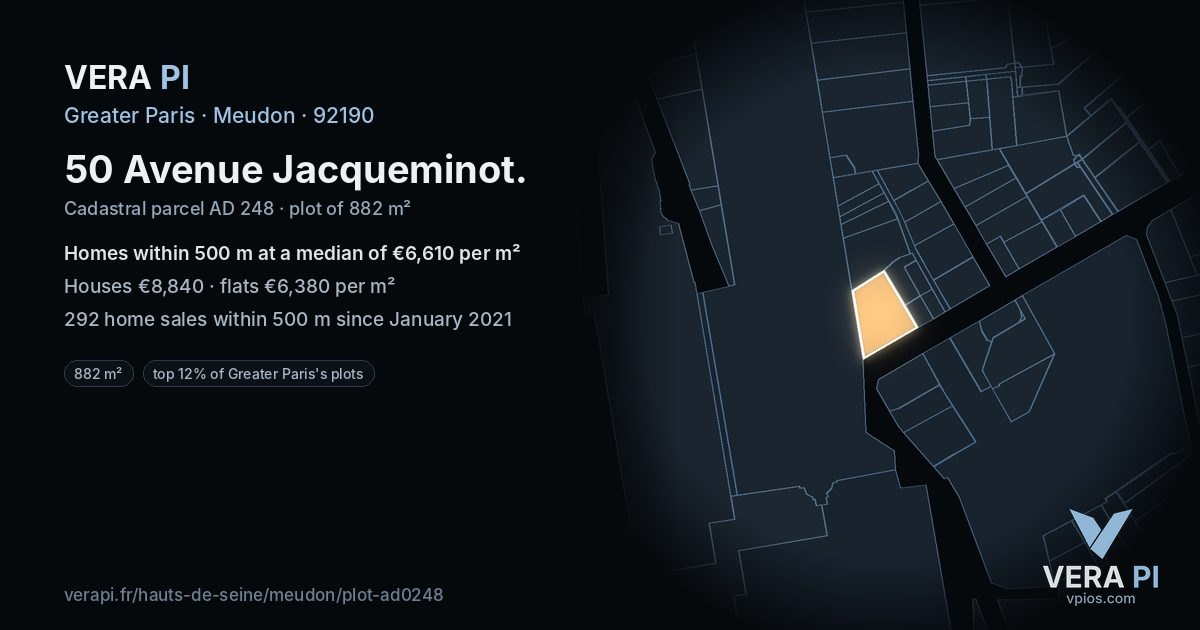 50 Avenue Jacqueminot, Meudon at night – the plot lit, the parcels around coloured by the prices near them