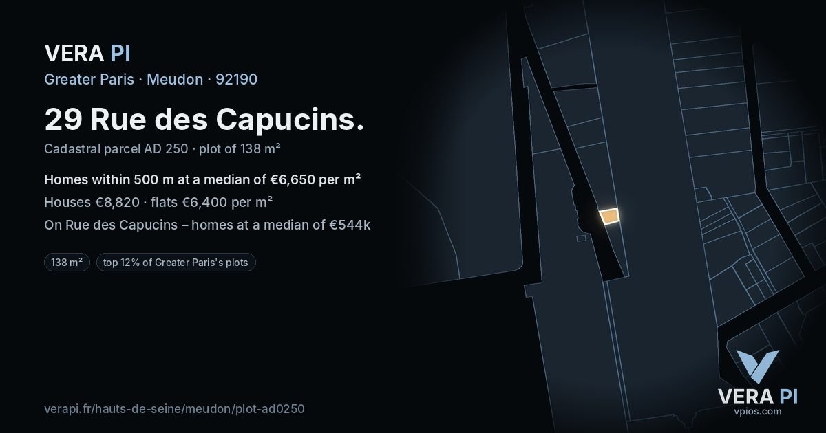 29 Rue des Capucins, Meudon at night – the plot lit, the parcels around coloured by the prices near them
