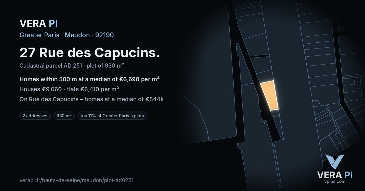 27 Rue des Capucins, Meudon at night – the plot lit, the parcels around coloured by the prices near them