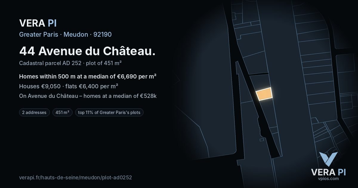 44 Avenue du Château, Meudon at night – the plot lit, the parcels around coloured by the prices near them