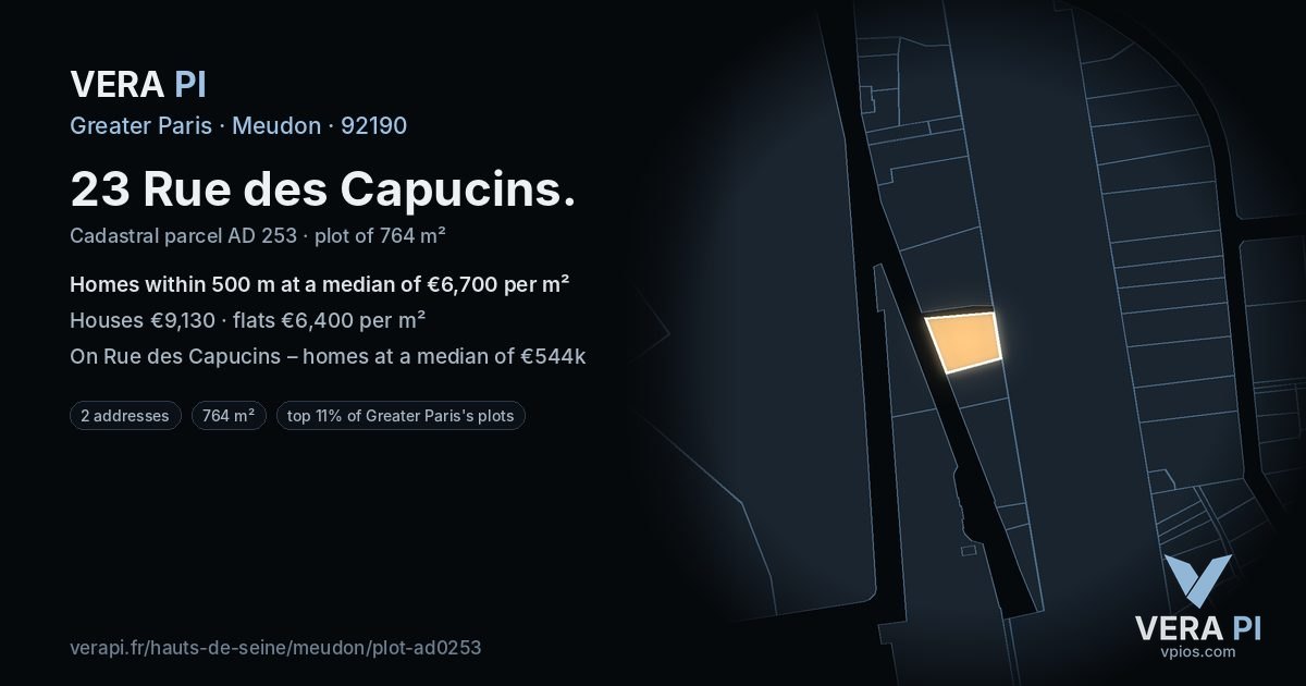 23 Rue des Capucins, Meudon at night – the plot lit, the parcels around coloured by the prices near them