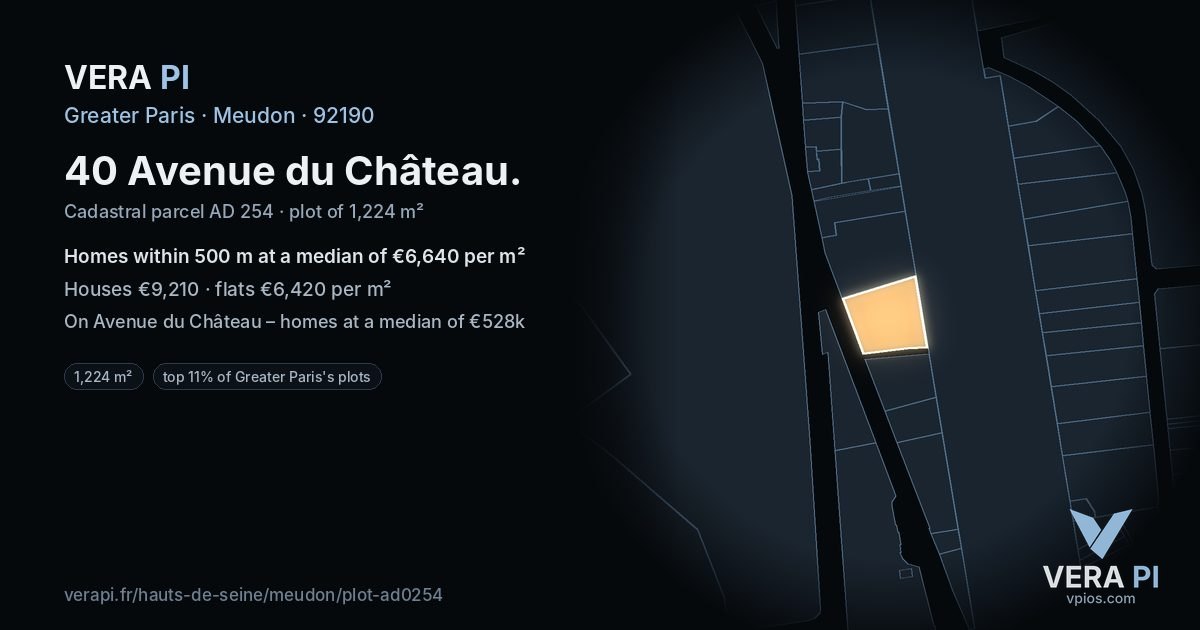 40 Avenue du Château, Meudon at night – the plot lit, the parcels around coloured by the prices near them