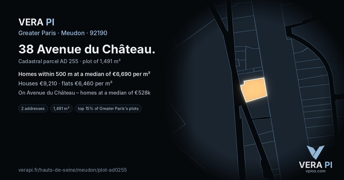 38 Avenue du Château, Meudon at night – the plot lit, the parcels around coloured by the prices near them