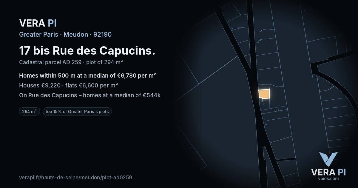 17 bis Rue des Capucins, Meudon at night – the plot lit, the parcels around coloured by the prices near them