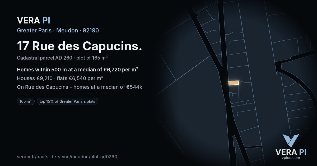17 Rue des Capucins, Meudon at night – the plot lit, the parcels around coloured by the prices near them