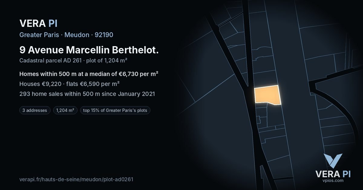 9 Avenue Marcellin Berthelot, Meudon at night – the plot lit, the parcels around coloured by the prices near them