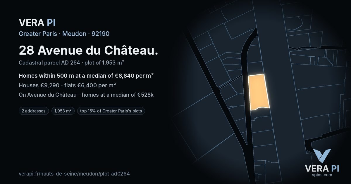 28 Avenue du Château, Meudon at night – the plot lit, the parcels around coloured by the prices near them