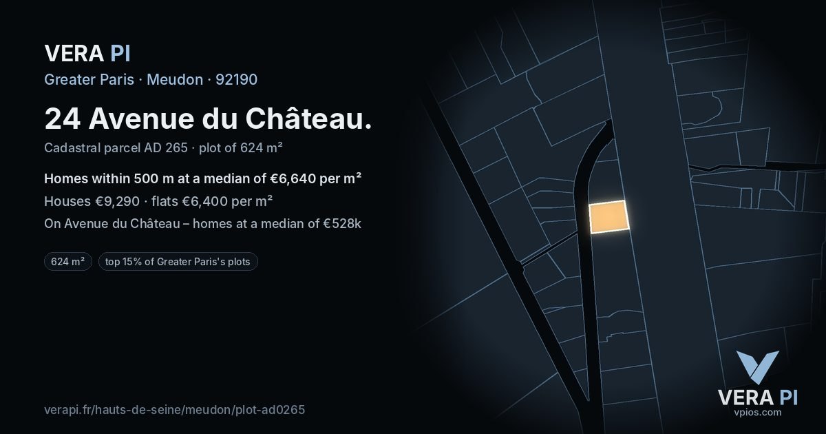 24 Avenue du Château, Meudon at night – the plot lit, the parcels around coloured by the prices near them
