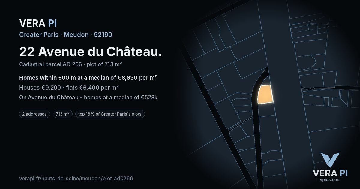 22 Avenue du Château, Meudon at night – the plot lit, the parcels around coloured by the prices near them