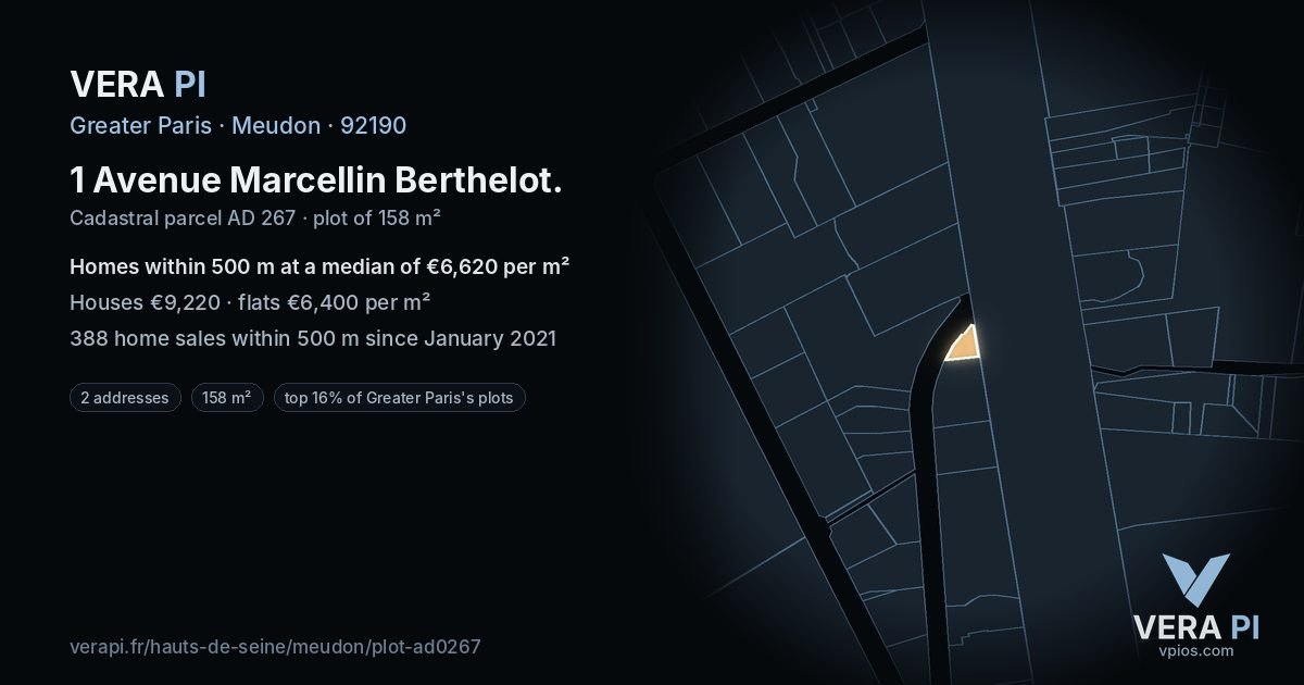 1 Avenue Marcellin Berthelot, Meudon at night – the plot lit, the parcels around coloured by the prices near them