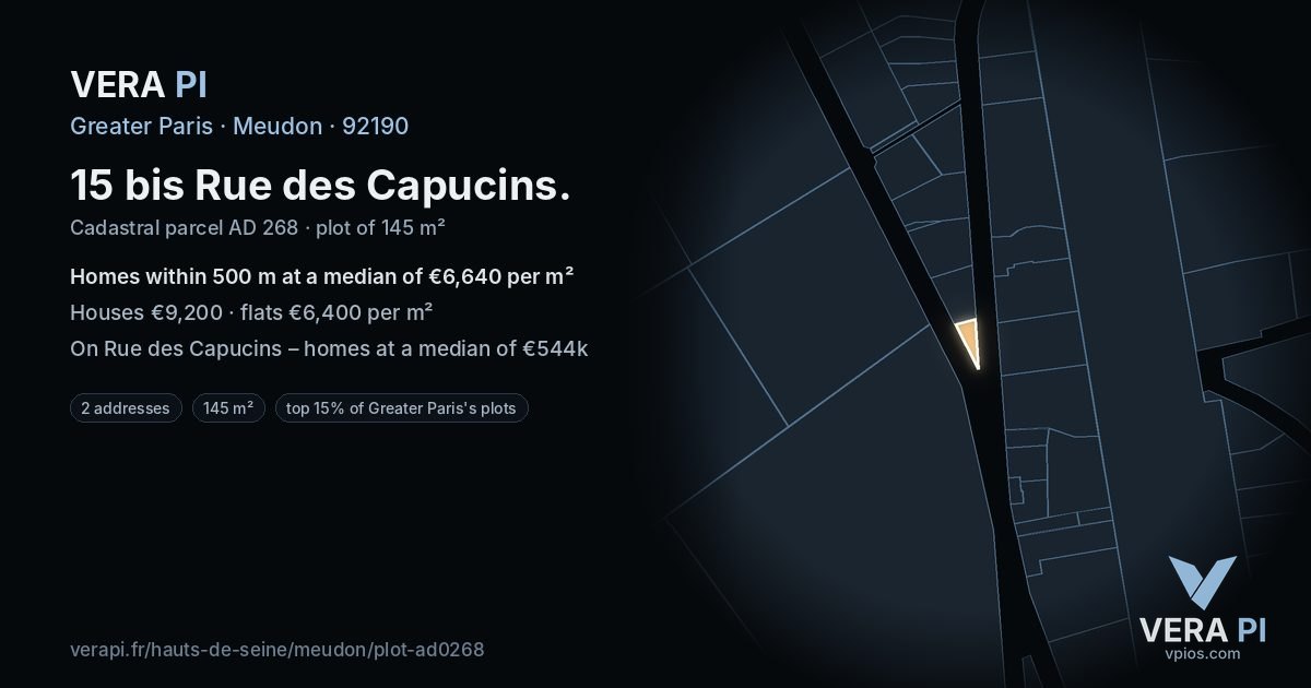 15 bis Rue des Capucins, Meudon at night – the plot lit, the parcels around coloured by the prices near them