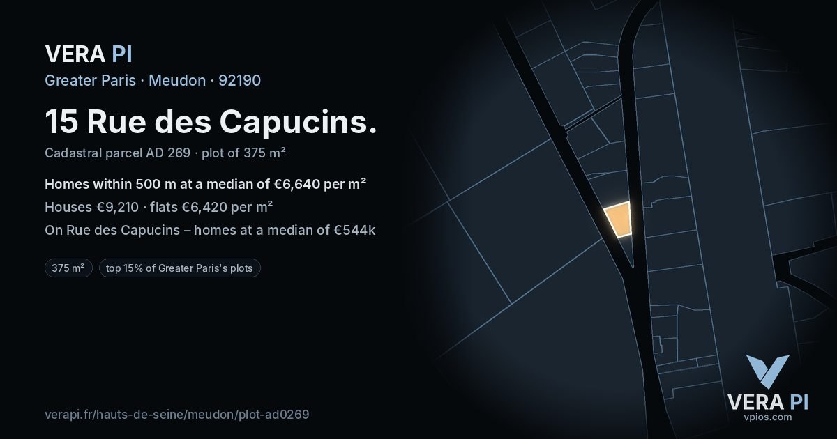 15 Rue des Capucins, Meudon at night – the plot lit, the parcels around coloured by the prices near them