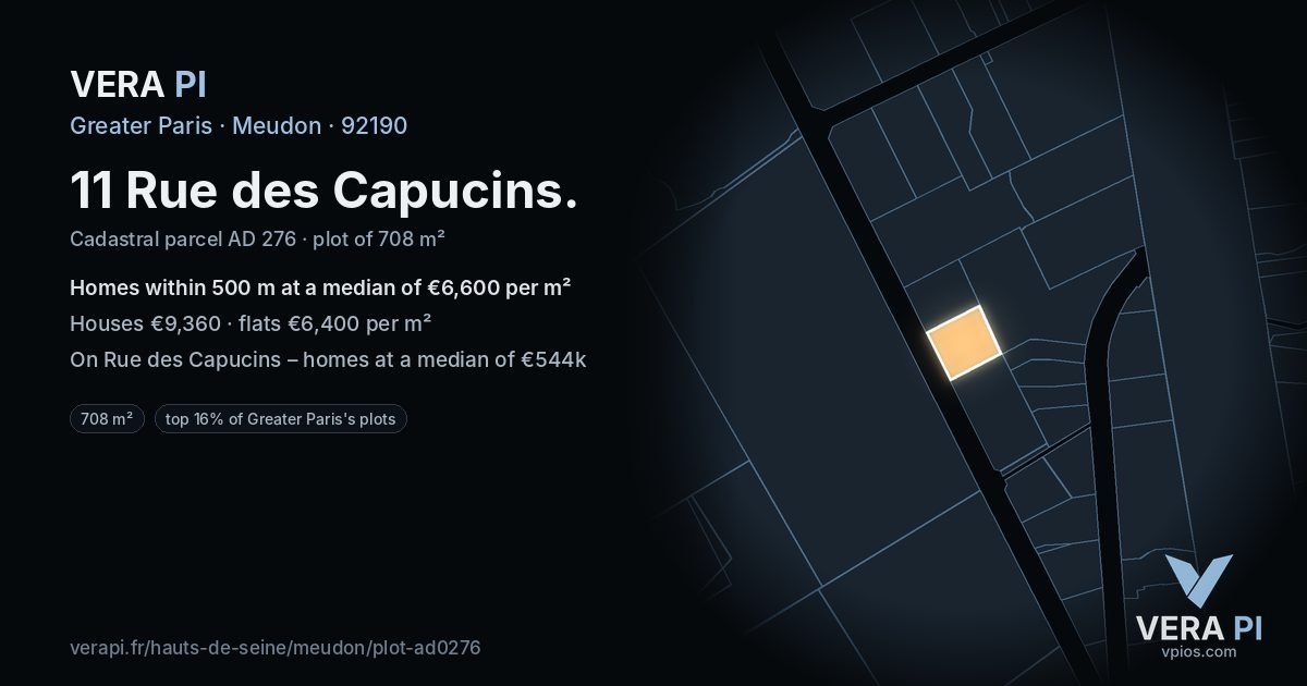 11 Rue des Capucins, Meudon at night – the plot lit, the parcels around coloured by the prices near them