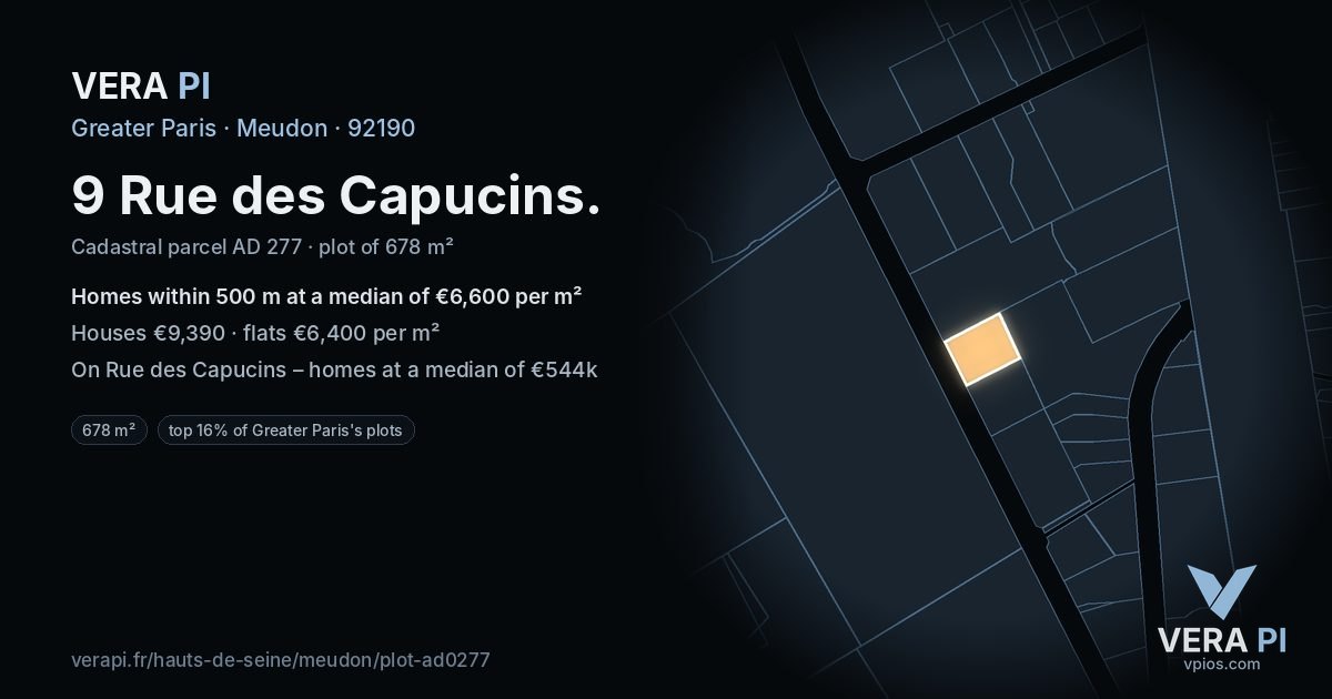 9 Rue des Capucins, Meudon at night – the plot lit, the parcels around coloured by the prices near them