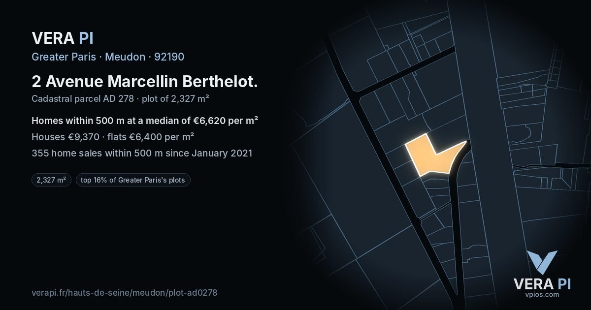 2 Avenue Marcellin Berthelot, Meudon at night – the plot lit, the parcels around coloured by the prices near them