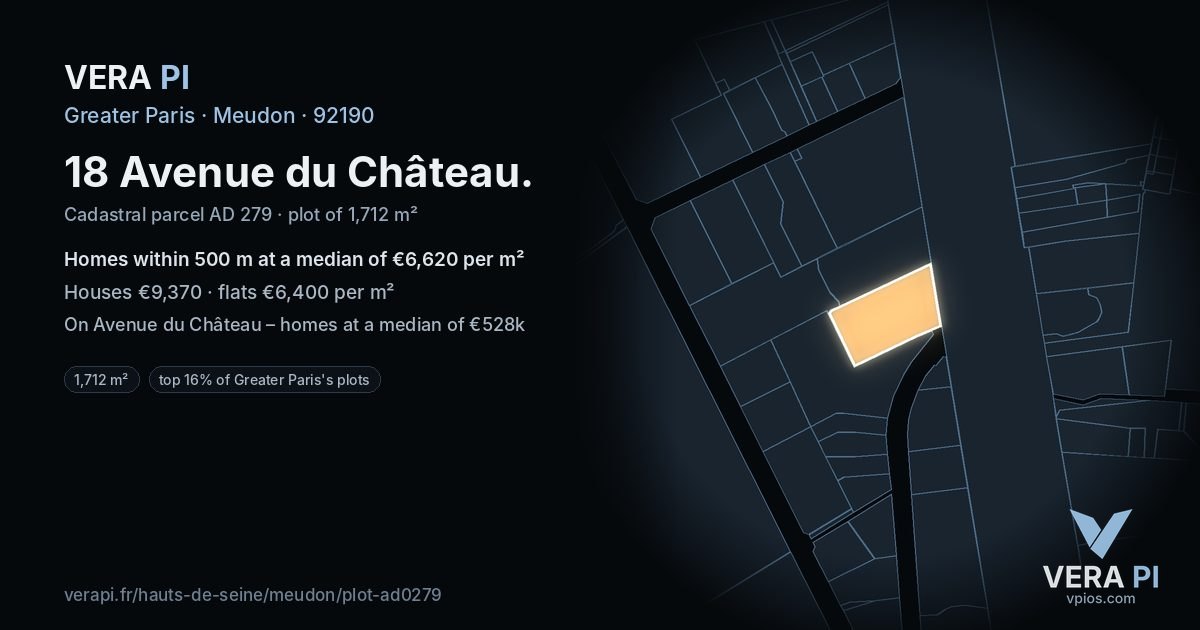 18 Avenue du Château, Meudon at night – the plot lit, the parcels around coloured by the prices near them