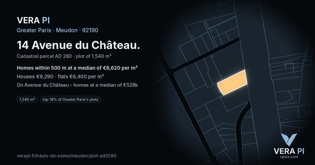 14 Avenue du Château, Meudon at night – the plot lit, the parcels around coloured by the prices near them