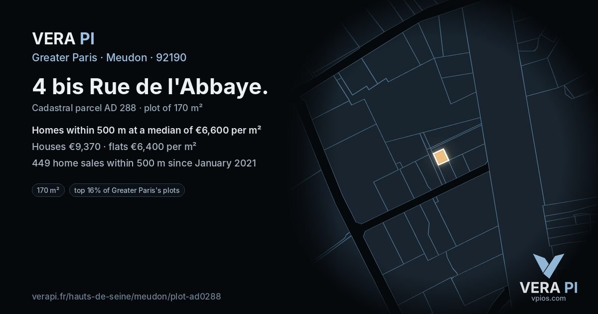 4 bis Rue de l'Abbaye, Meudon at night – the plot lit, the parcels around coloured by the prices near them