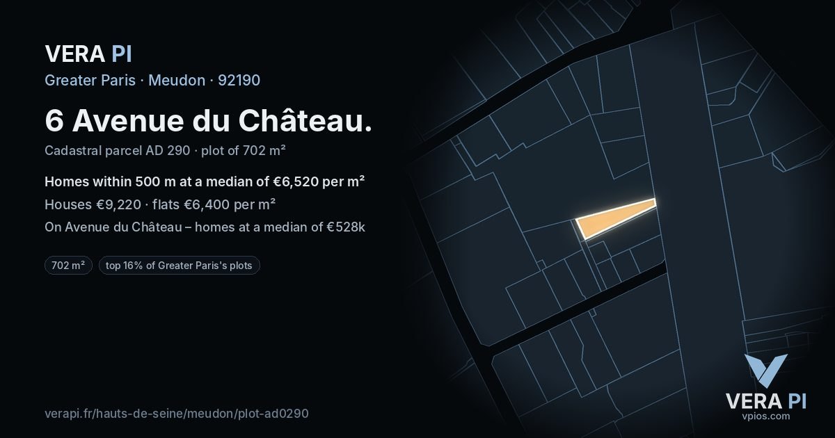 6 Avenue du Château, Meudon at night – the plot lit, the parcels around coloured by the prices near them