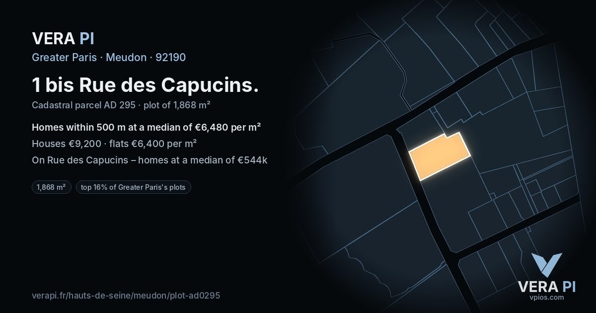 1 bis Rue des Capucins, Meudon at night – the plot lit, the parcels around coloured by the prices near them