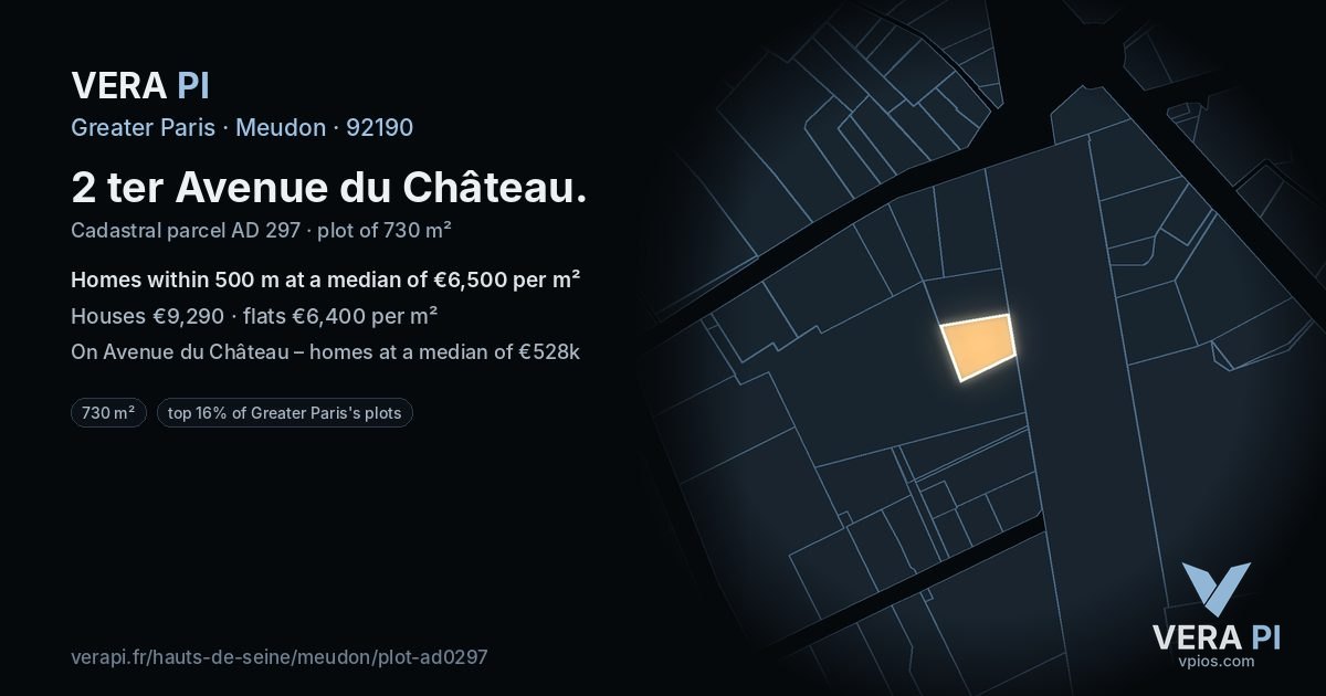 2 ter Avenue du Château, Meudon at night – the plot lit, the parcels around coloured by the prices near them