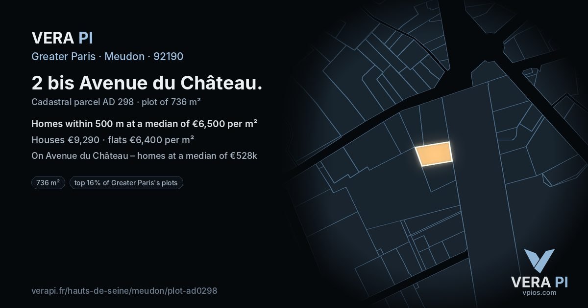 2 bis Avenue du Château, Meudon at night – the plot lit, the parcels around coloured by the prices near them