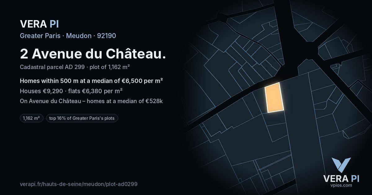 2 Avenue du Château, Meudon at night – the plot lit, the parcels around coloured by the prices near them