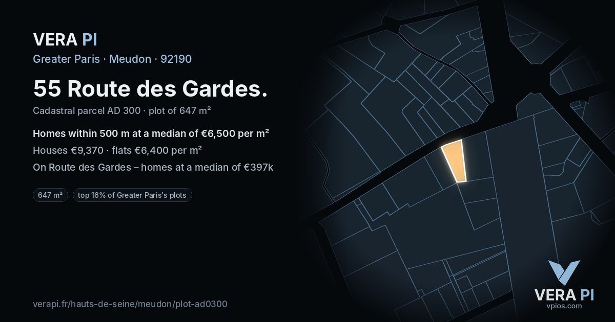 55 Route des Gardes, Meudon at night – the plot lit, the parcels around coloured by the prices near them
