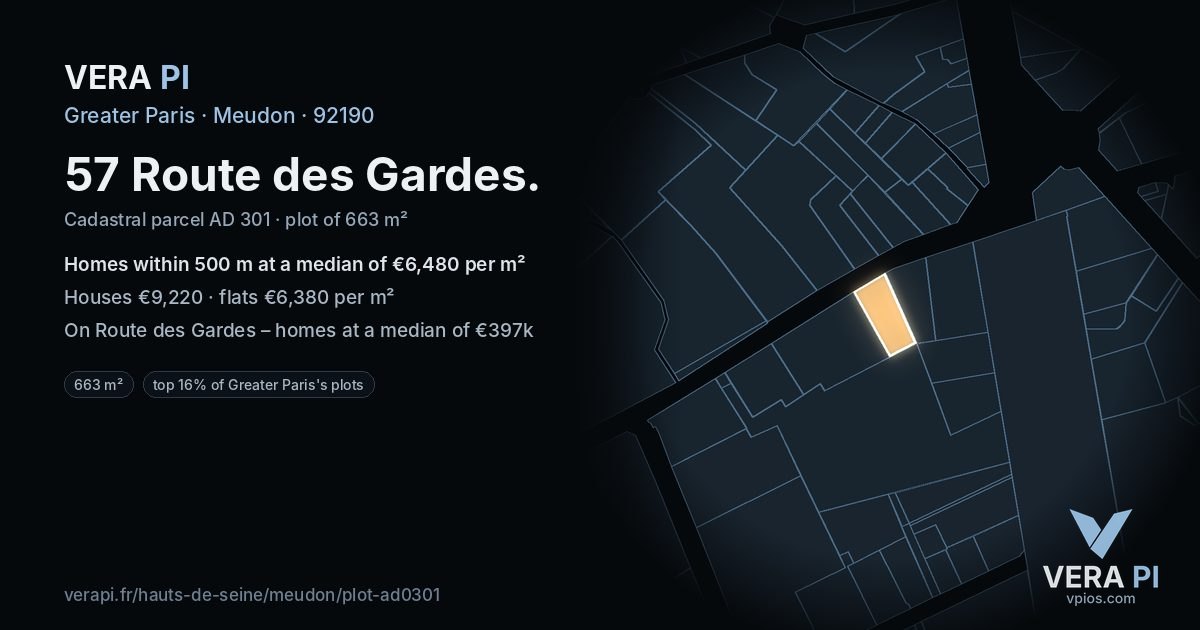 57 Route des Gardes, Meudon at night – the plot lit, the parcels around coloured by the prices near them