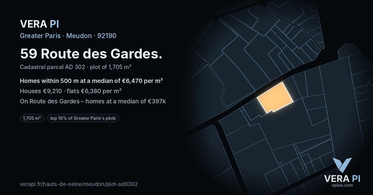 59 Route des Gardes, Meudon at night – the plot lit, the parcels around coloured by the prices near them