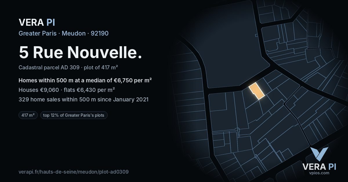 5 Rue Nouvelle, Meudon at night – the plot lit, the parcels around coloured by the prices near them