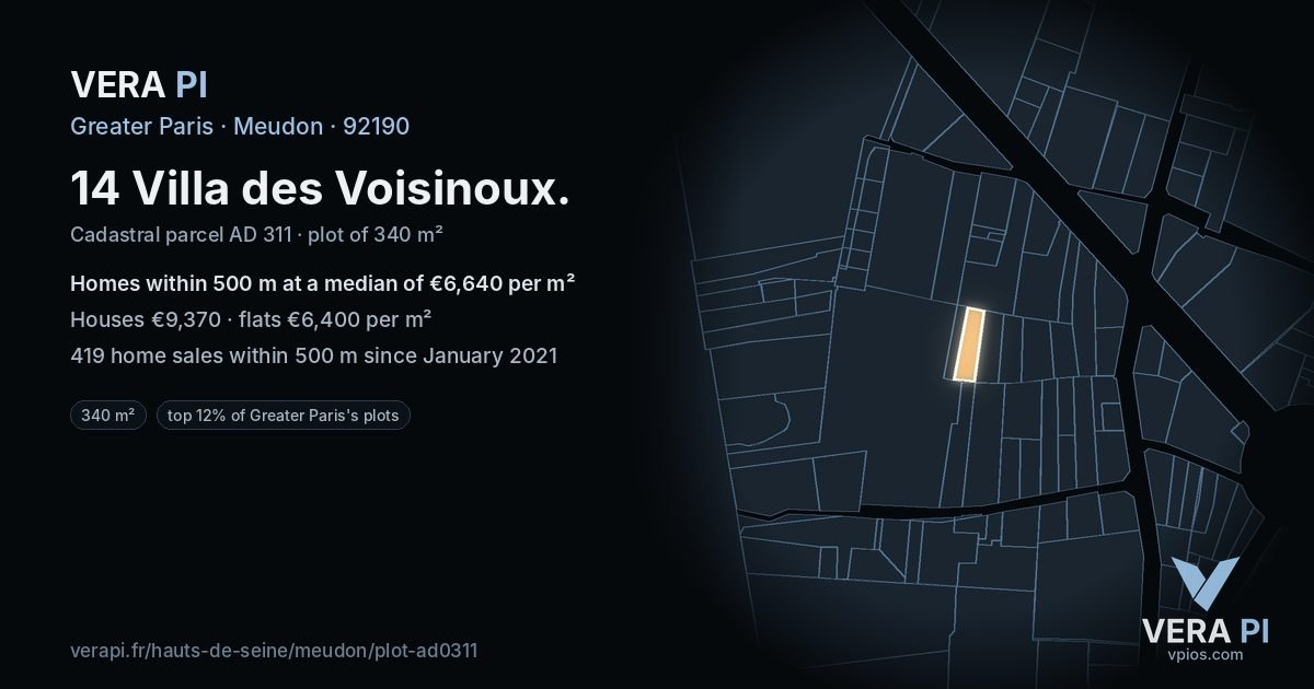 14 Villa des Voisinoux, Meudon at night – the plot lit, the parcels around coloured by the prices near them