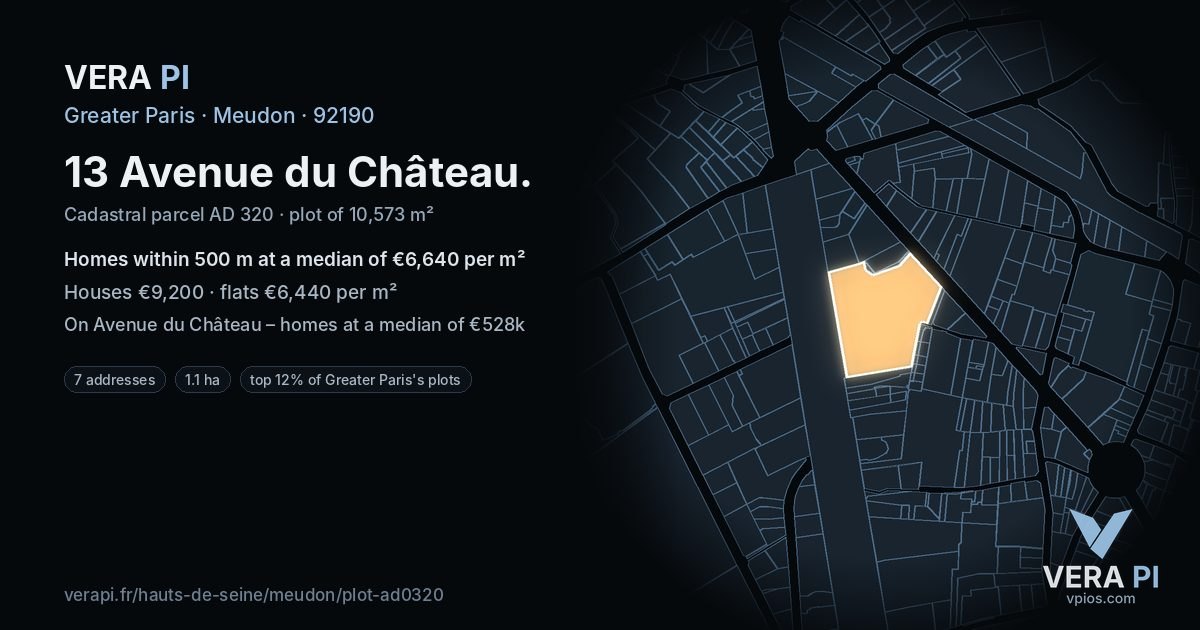 13 Avenue du Château, Meudon at night – the plot lit, the parcels around coloured by the prices near them