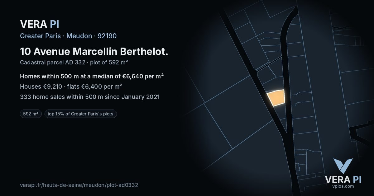 10 Avenue Marcellin Berthelot, Meudon at night – the plot lit, the parcels around coloured by the prices near them