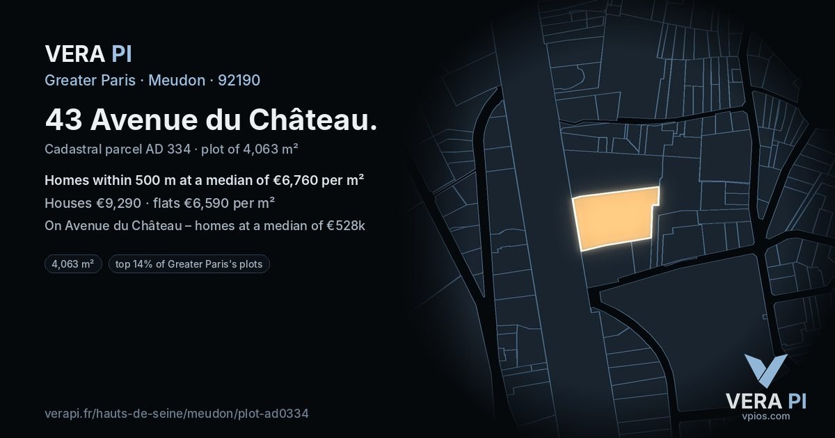 43 Avenue du Château, Meudon at night – the plot lit, the parcels around coloured by the prices near them