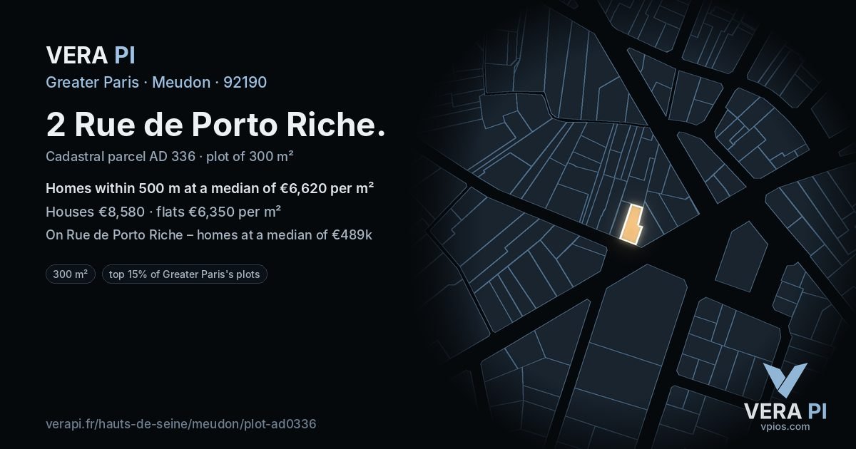 2 Rue de Porto Riche, Meudon at night – the plot lit, the parcels around coloured by the prices near them