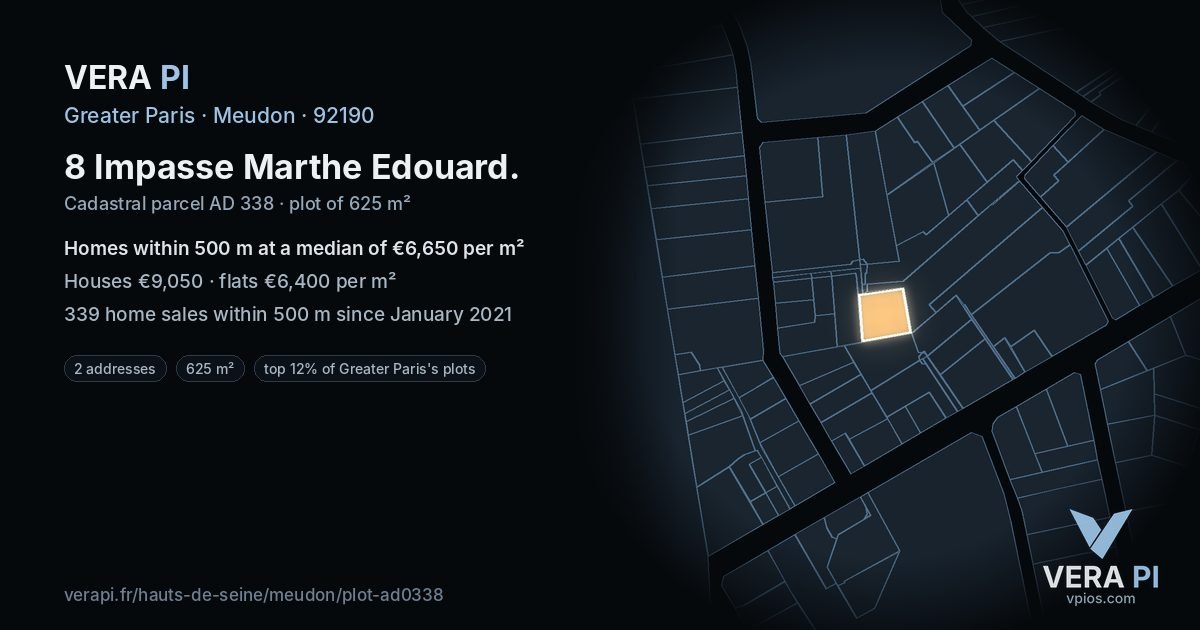 8 Impasse Marthe Edouard, Meudon at night – the plot lit, the parcels around coloured by the prices near them