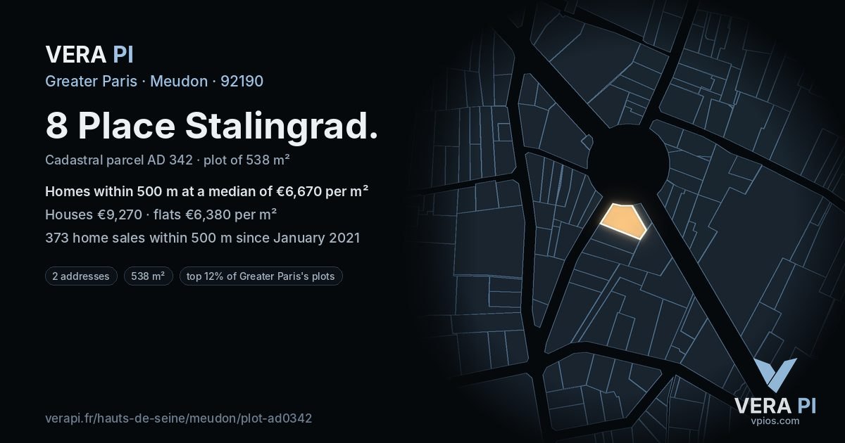 8 Place Stalingrad, Meudon at night – the plot lit, the parcels around coloured by the prices near them