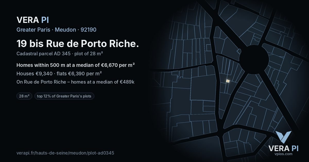 19 bis Rue de Porto Riche, Meudon at night – the plot lit, the parcels around coloured by the prices near them