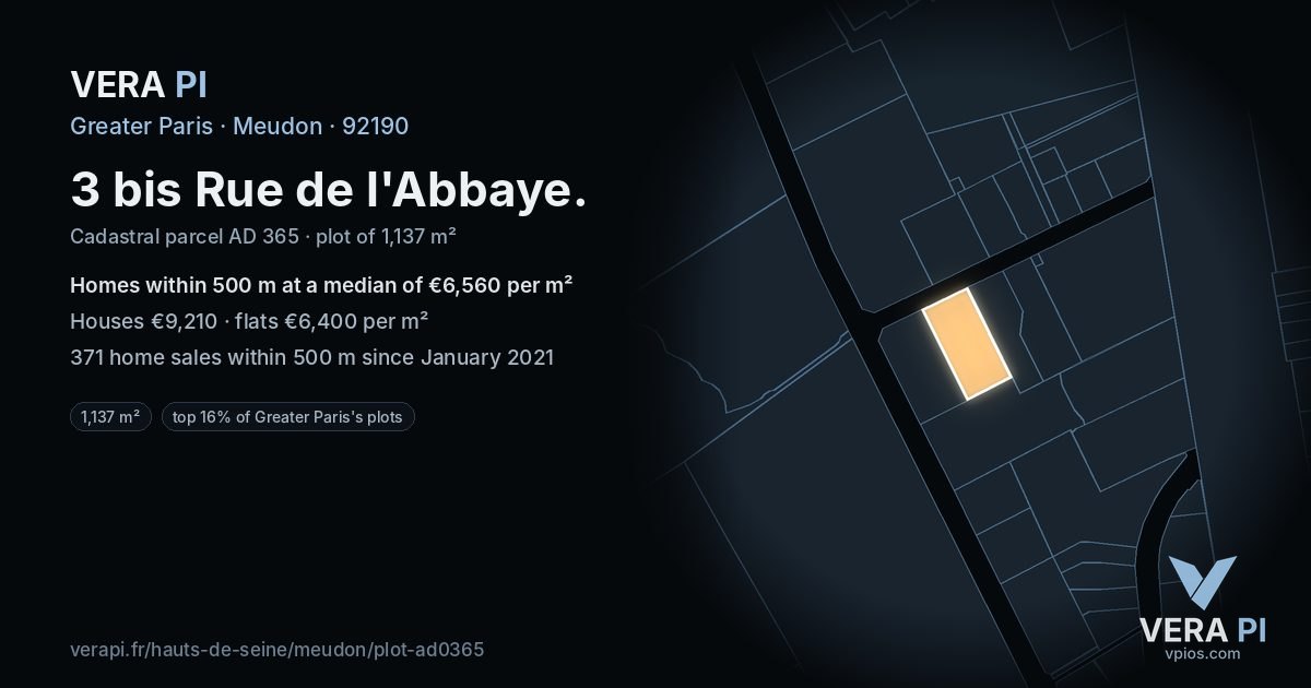 3 bis Rue de l'Abbaye, Meudon at night – the plot lit, the parcels around coloured by the prices near them
