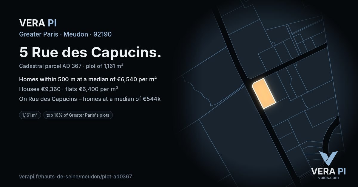 5 Rue des Capucins, Meudon at night – the plot lit, the parcels around coloured by the prices near them