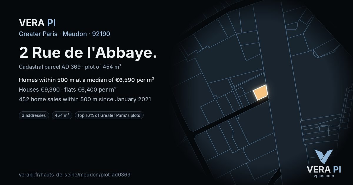2 Rue de l'Abbaye, Meudon at night – the plot lit, the parcels around coloured by the prices near them