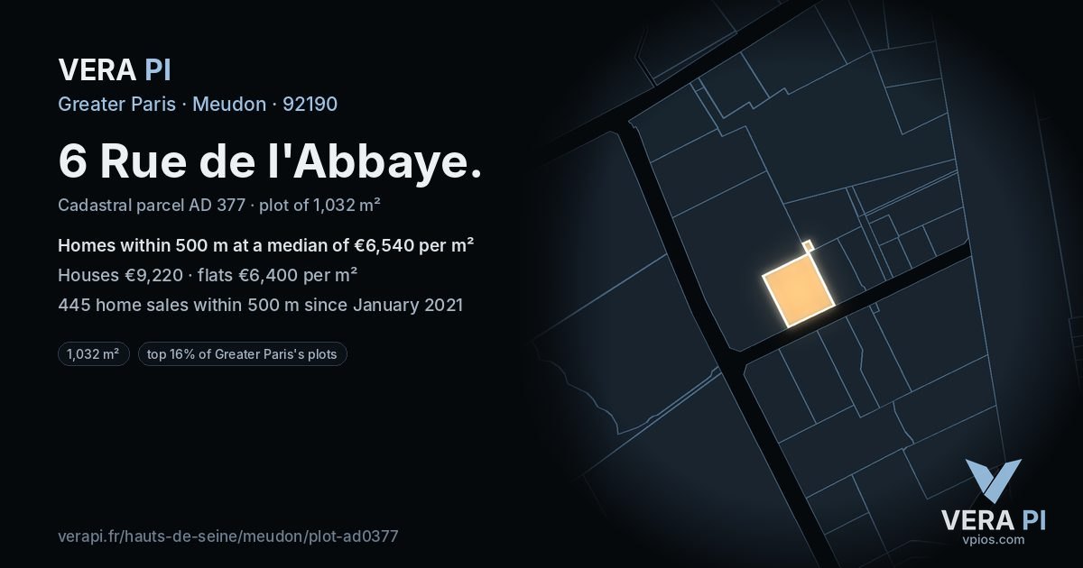 6 Rue de l'Abbaye, Meudon at night – the plot lit, the parcels around coloured by the prices near them