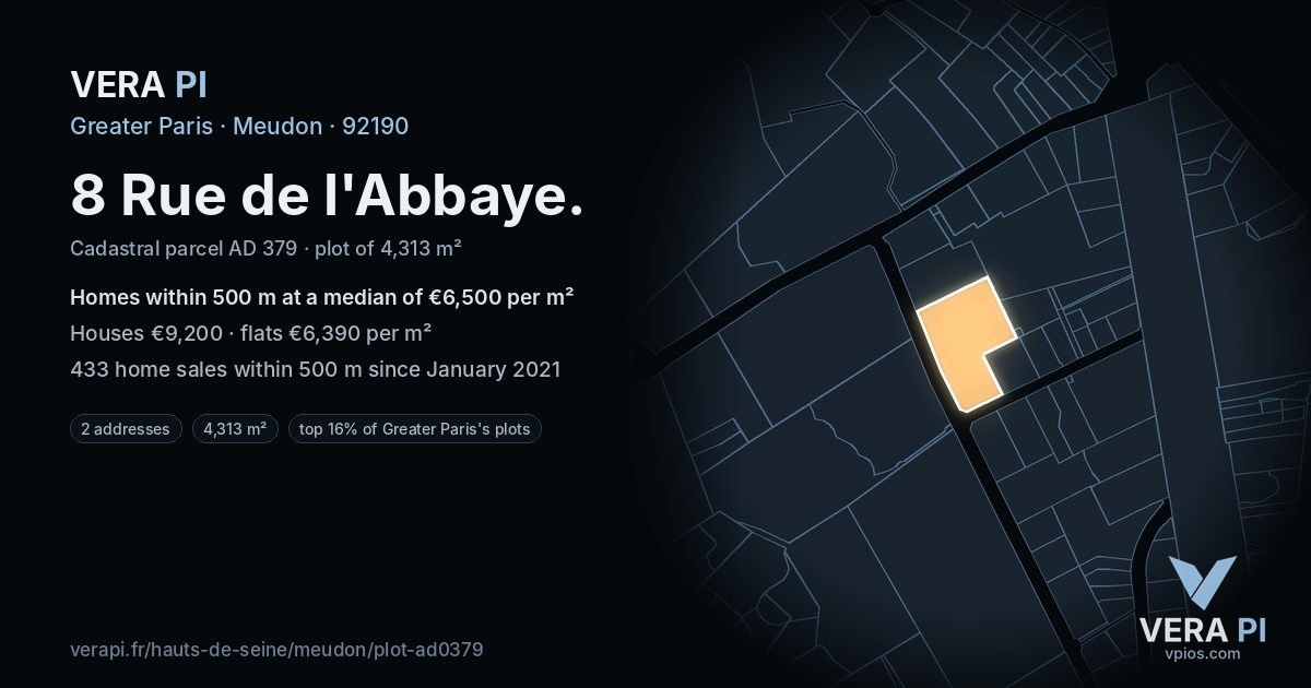 8 Rue de l'Abbaye, Meudon at night – the plot lit, the parcels around coloured by the prices near them