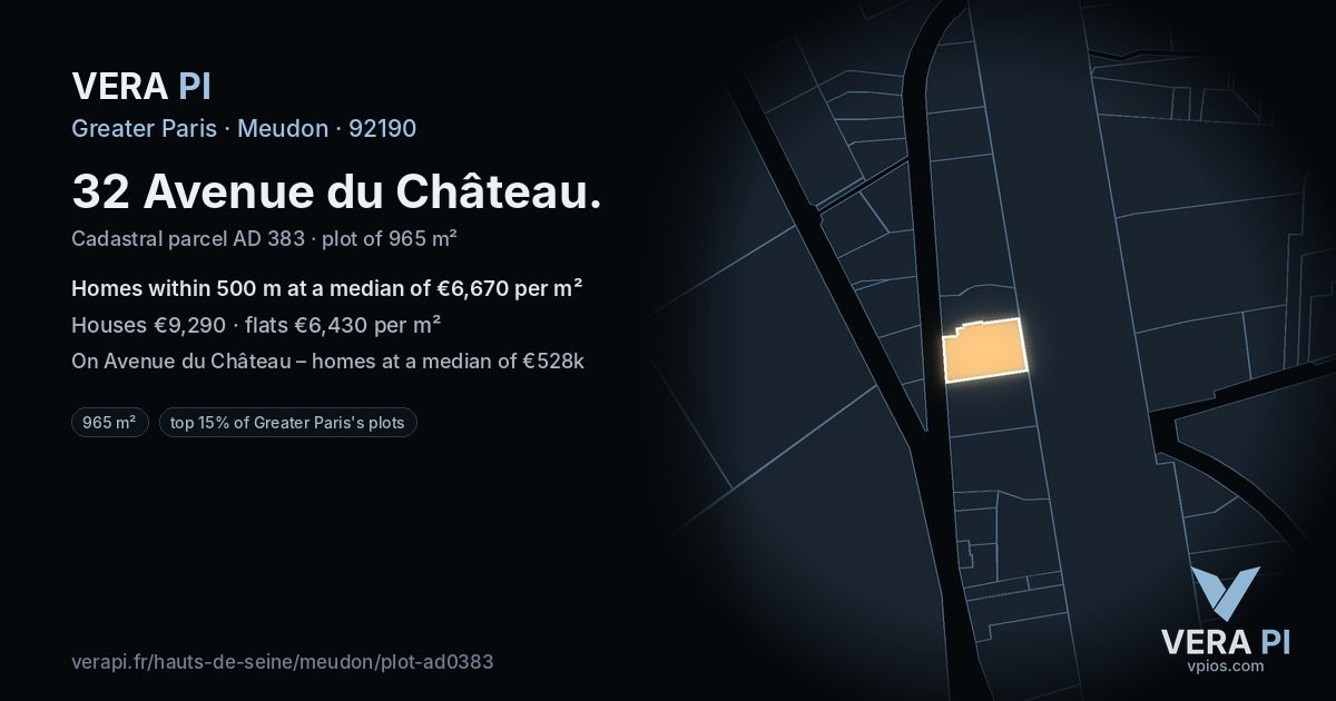 32 Avenue du Château, Meudon at night – the plot lit, the parcels around coloured by the prices near them