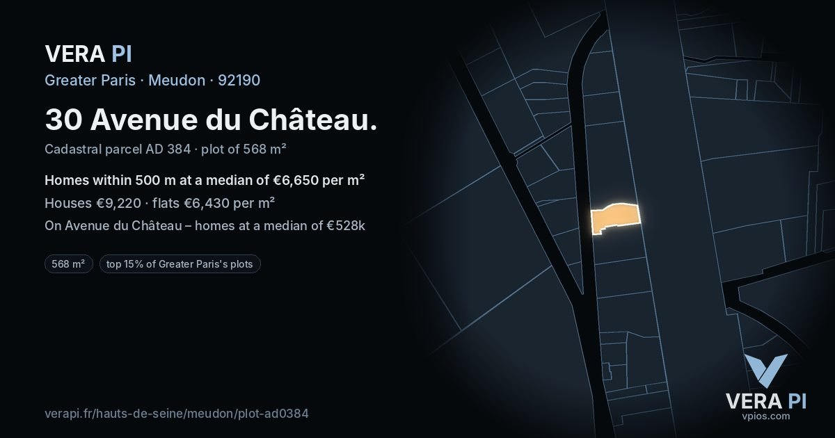 30 Avenue du Château, Meudon at night – the plot lit, the parcels around coloured by the prices near them