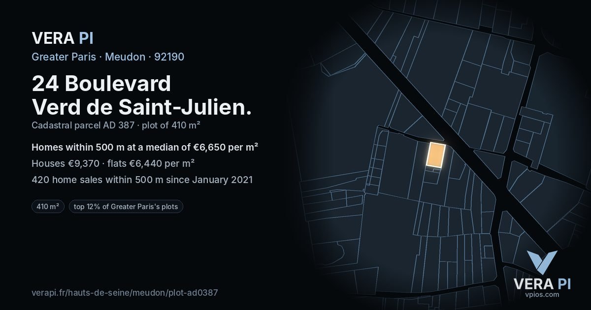 24 Boulevard Verd de Saint-Julien, Meudon at night – the plot lit, the parcels around coloured by the prices near them