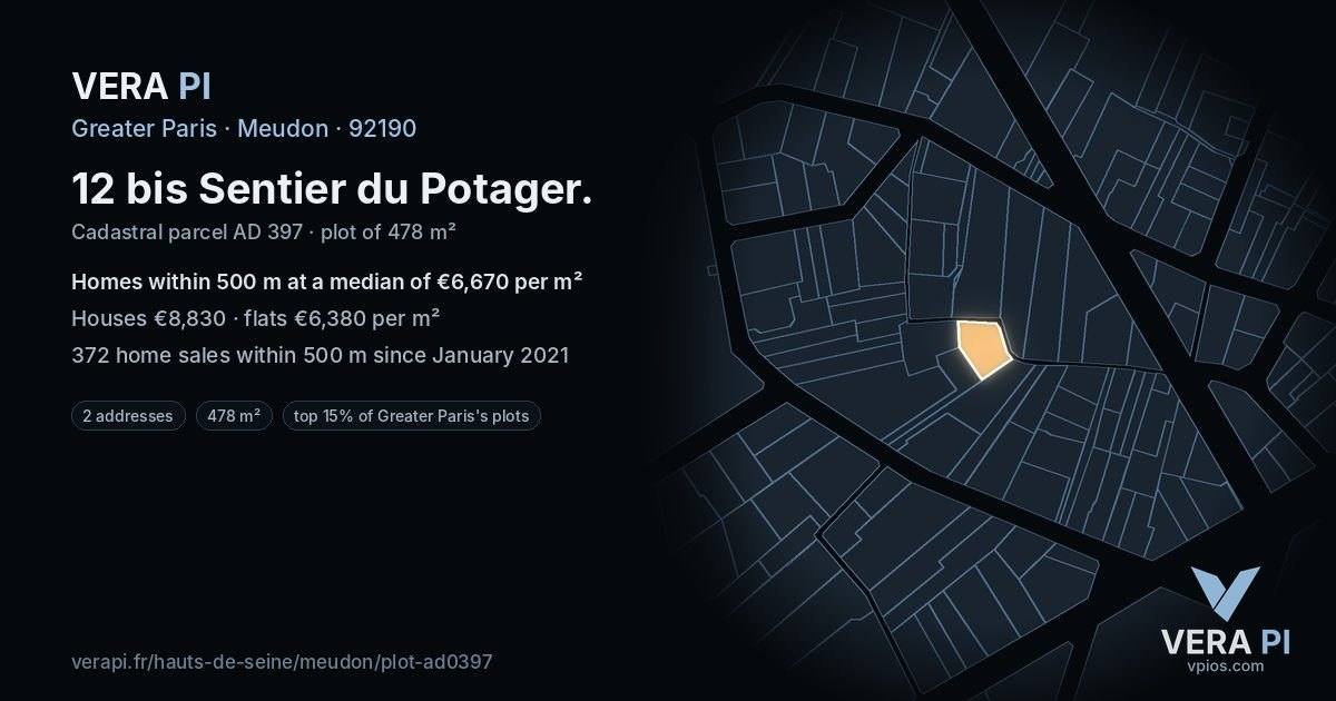 12 bis Sentier du Potager, Meudon at night – the plot lit, the parcels around coloured by the prices near them