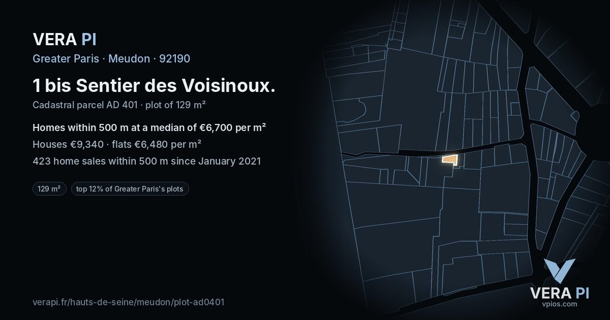 1 bis Sentier des Voisinoux, Meudon at night – the plot lit, the parcels around coloured by the prices near them
