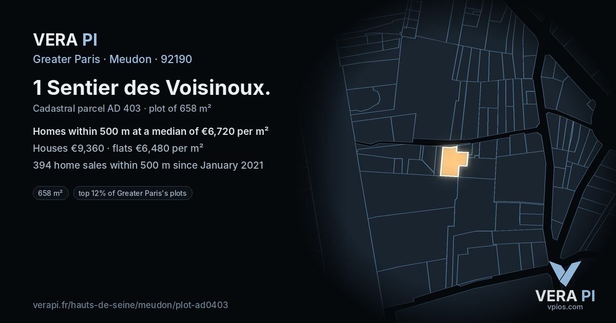 1 Sentier des Voisinoux, Meudon at night – the plot lit, the parcels around coloured by the prices near them